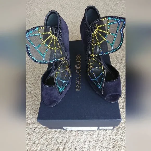 Sergio Rossi Poetic Surrealism night blue butterfly suede heels size 6.5 - Picture 2 of 16